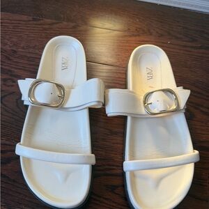 Zara White Buckle Slide Sandals Size 40